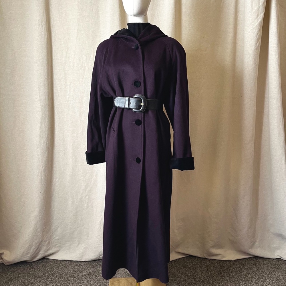 Vintage MDP Mario De‎ Pinto Plum Purple Hooded Pure Wool Long Coat M 8/10 - Picture 9 of 10
